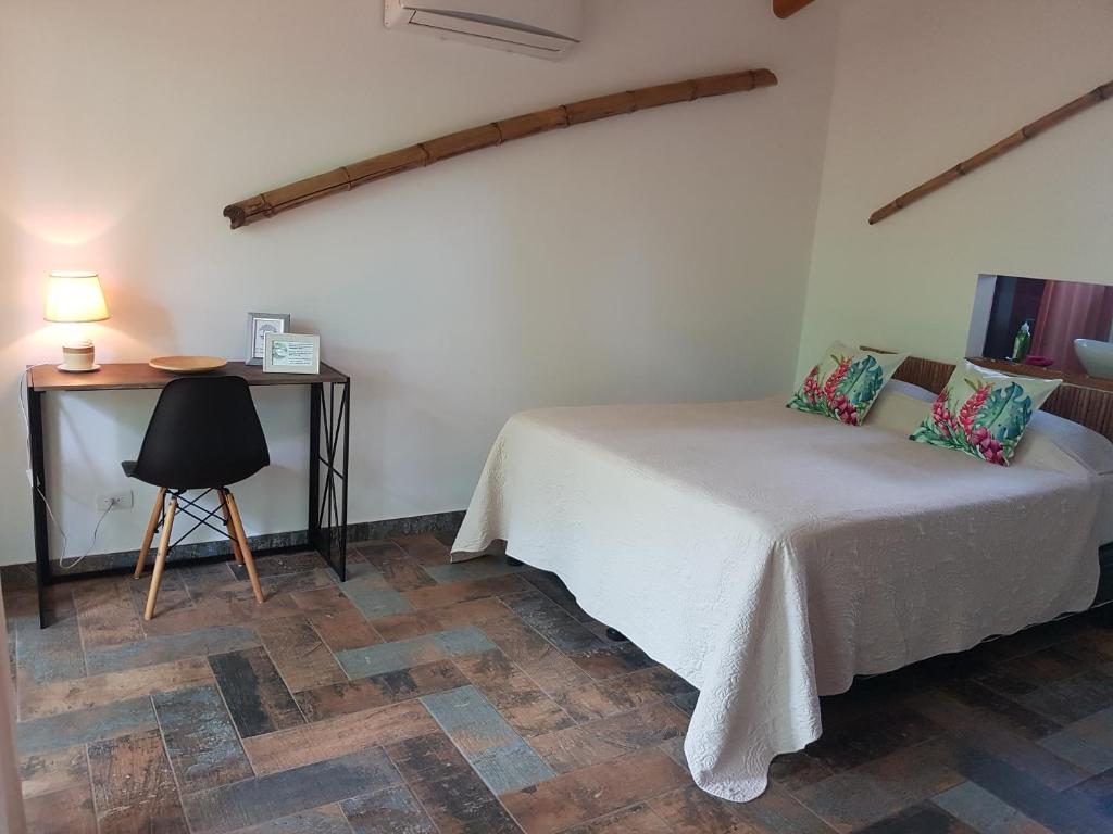 San José PinillaBaliyana Lodge的一间卧室配有一张床和一张带台灯的书桌