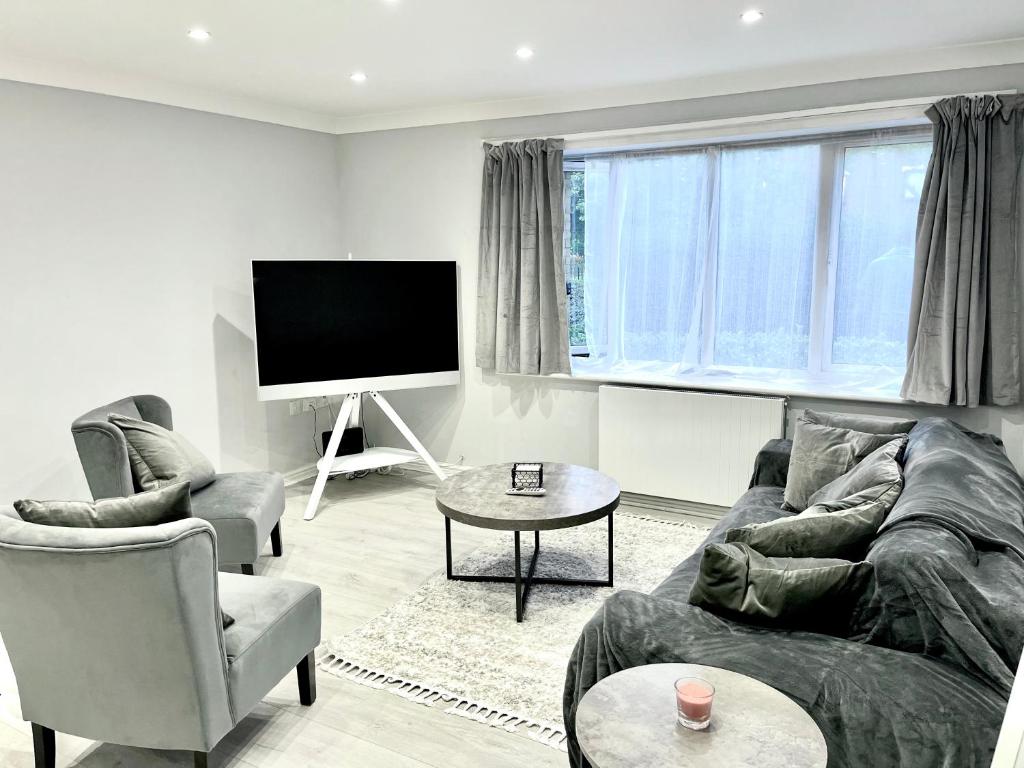 伦敦Lovely 1 bed apartment, 15mins from Central London的客厅配有沙发、椅子和电视