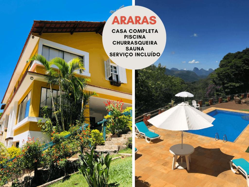彼得罗波利斯Casa em Araras: Piscina, sauna e serviço incluído!的享有别墅和游泳池的景色
