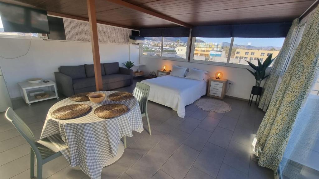 塔拉哈勒赫Tarajalejo Eco C的一间卧室配有一张床、一张桌子和一张沙发