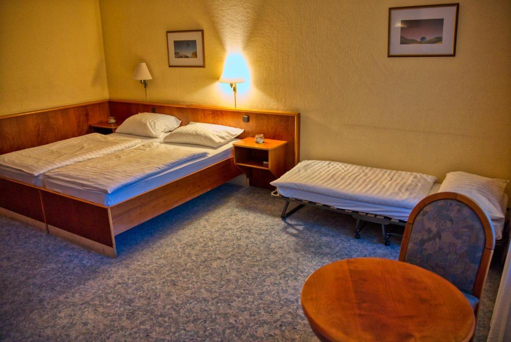 巴特迪本Hotel National的一间卧室配有两张床、一张桌子和一把椅子