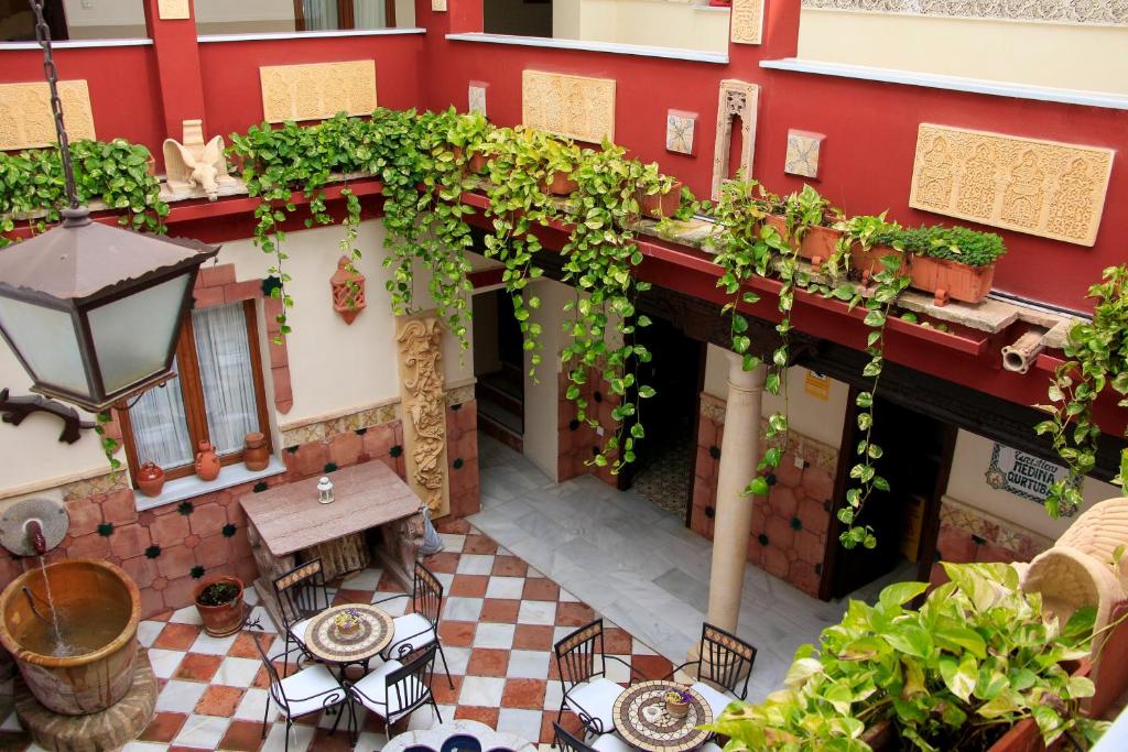 科尔多瓦Apartamentos Medina Qurtuba的享有一座建筑中种有植物的庭院的顶部景色