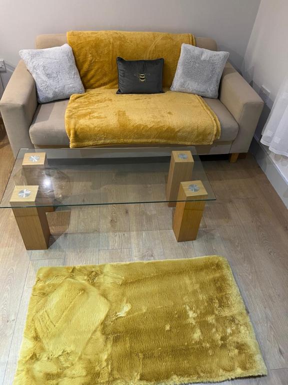 HaltonStonebarn Lane的带沙发和黄色地毯的客厅