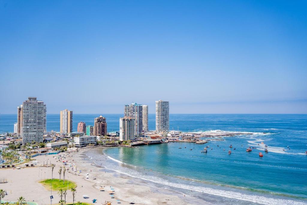 伊基克Departamento grande frente a playa Cavancha的享有海滩、建筑和大海的景色