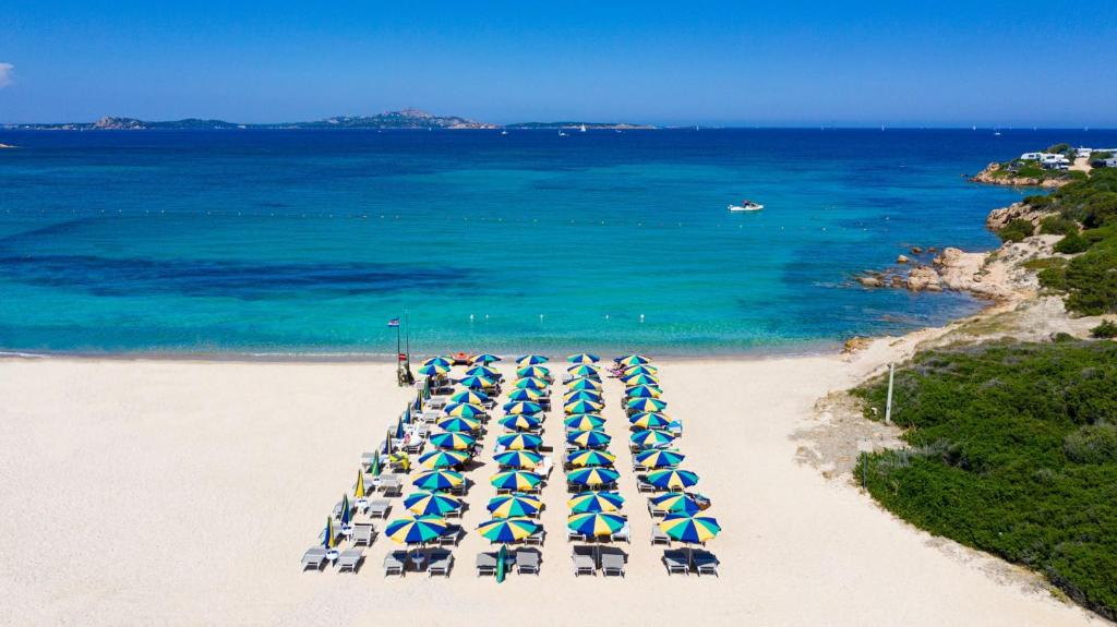 BaraccamentiGlamping Costa Smeralda的海滩上的一把遮阳伞和椅子