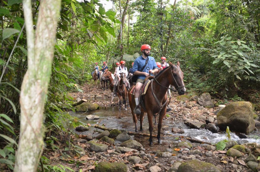 福尔图纳Hotel Villa Fortuna, Volcan Arenal, Costa Rica.的一群骑马穿越河流的人