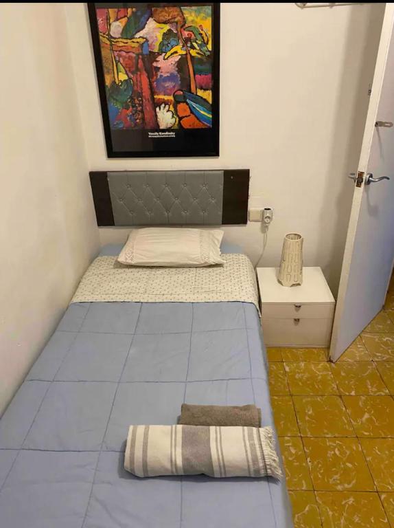 巴塞罗那Habitación céntrica的小房间,配有一张床和墙上的绘画