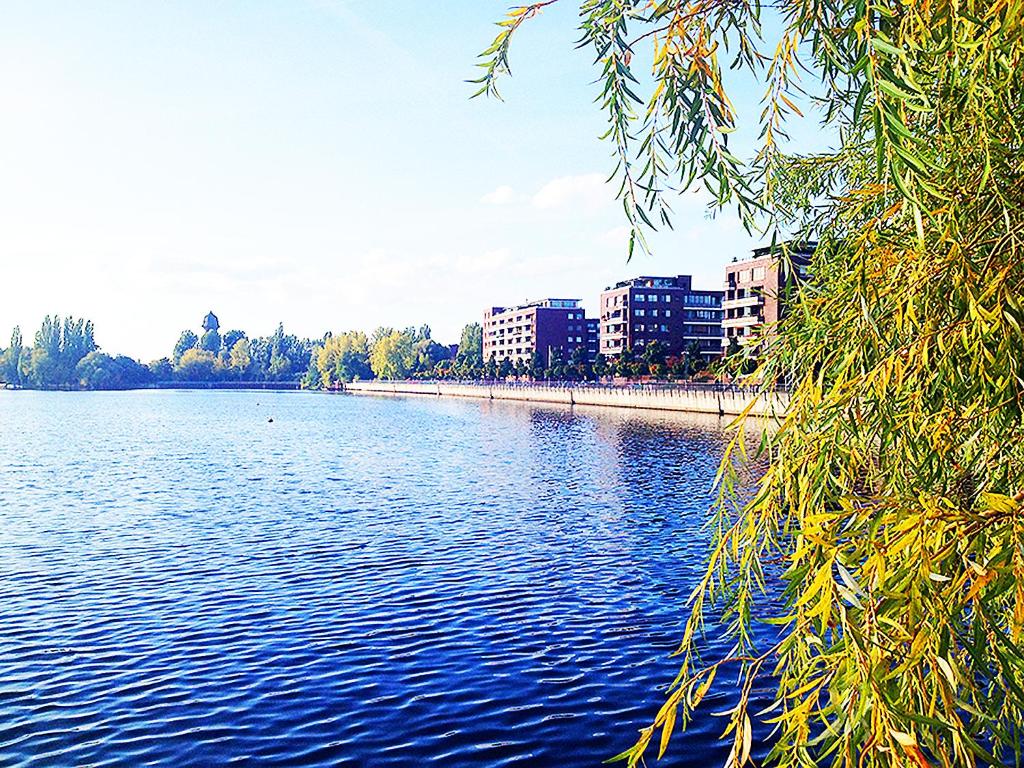 柏林鲁默尔斯博格伯特安奥斯克罗茨公寓的享有河流的景色,建筑背景