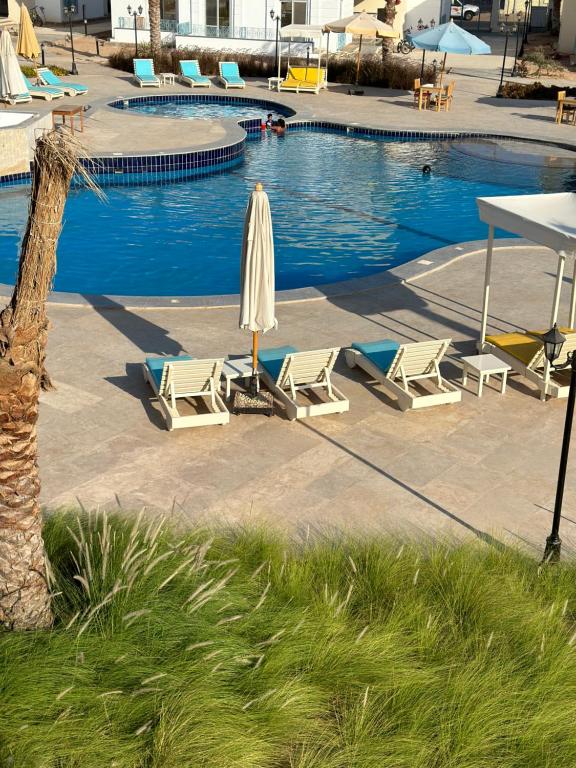 达哈布Babushka Boutique Hotel-Dahab的一个带椅子和遮阳伞的游泳池、一张桌子和一个游泳池