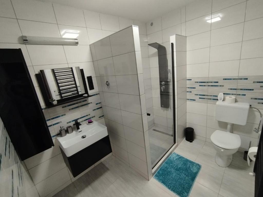 沙罗什保陶克Moonlight Apartman的带淋浴、盥洗盆和卫生间的浴室