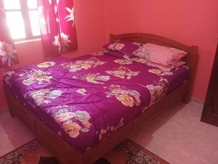 Kampong Ru SepulohHomestay kak nun的一间卧室配有一张带紫色棉被的床