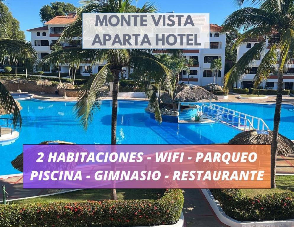苏莎亚Flat Anchor Marine Monte Vista的游泳池前标有标志的酒店