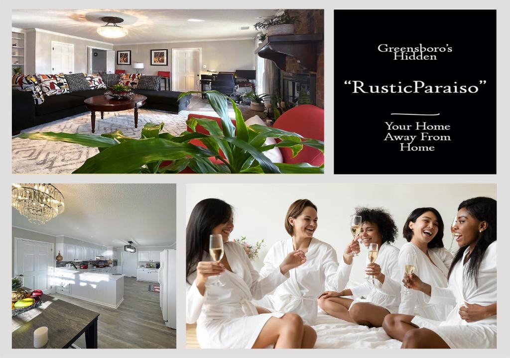 格林斯伯勒RusticParaiso: Family, Team & Group Urban Retreat的四个穿着白色长袍的女人坐在床上喝香槟