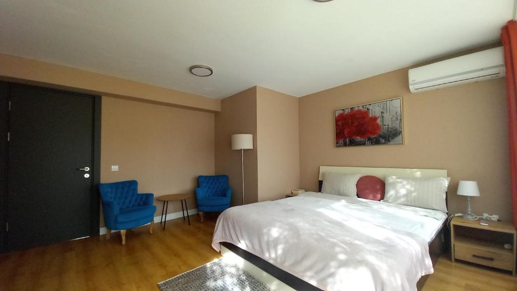 比斯特里察4 Seasons Apartments的一间卧室配有一张床和两张蓝色椅子