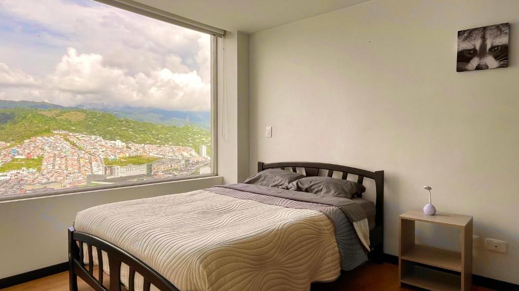 马尼萨莱斯Av santander apartamento perfecta ubicación的一间卧室设有一张床和一个大窗户