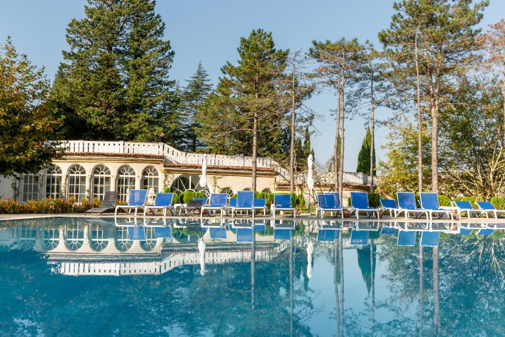 茨卡尔图博Legends Tskaltubo Spa Resort的一个带椅子的游泳池以及一座房子