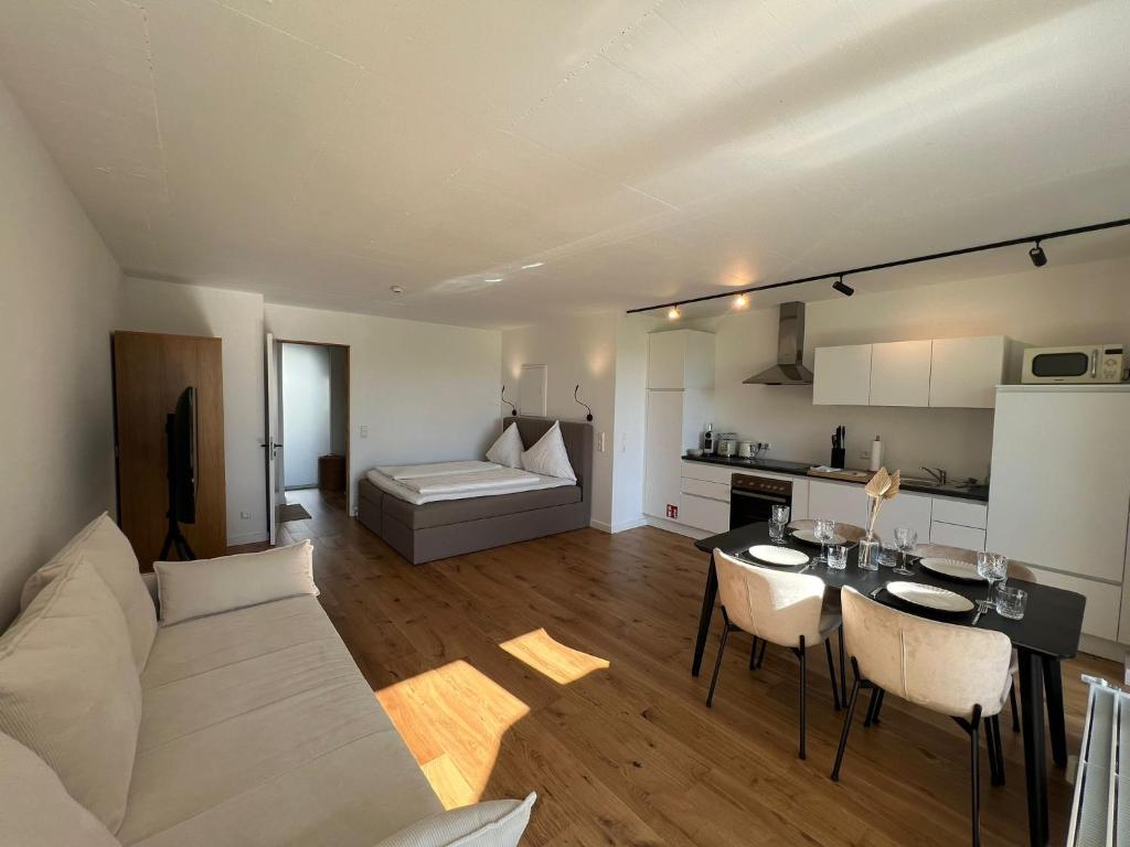 康斯坦茨Urban Lodges - Studio Apartments am Seerhein的客厅配有沙发和桌椅