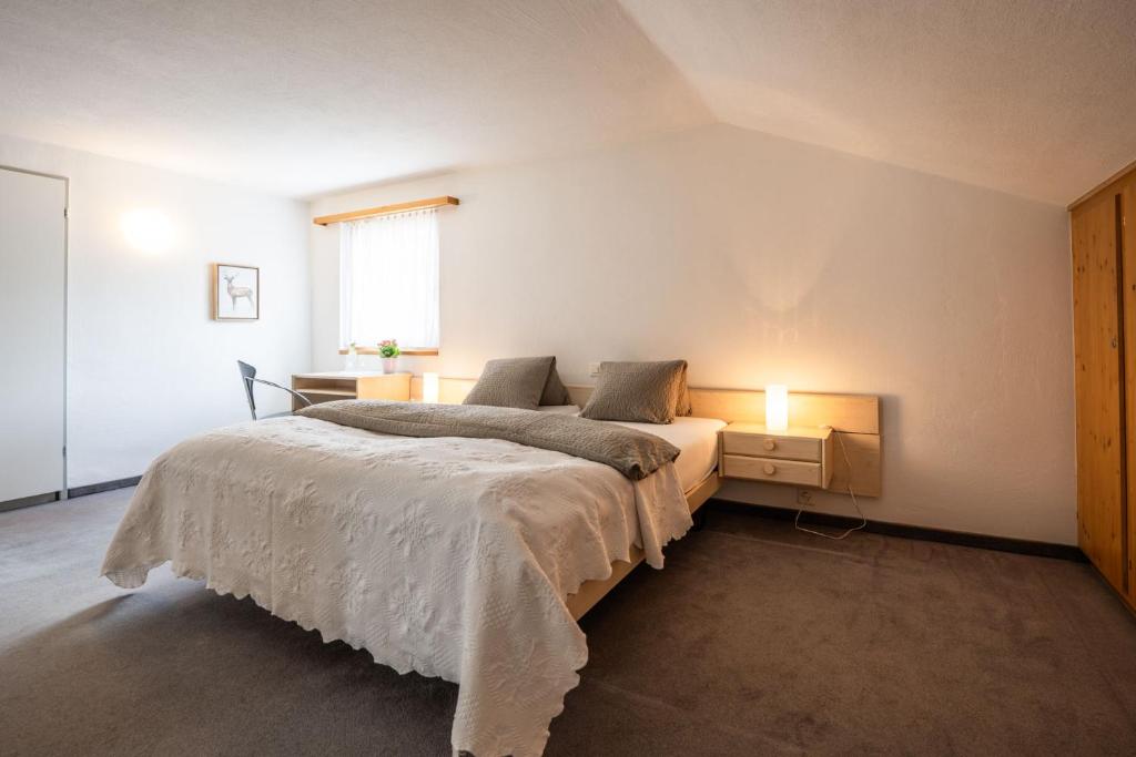Schiers阿尔皮纳酒店的一间卧室设有一张大床和一个窗户。