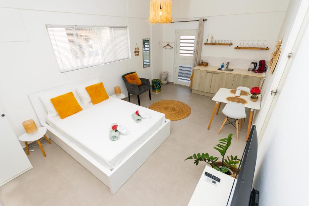 威廉斯塔德Studio Apartment Volterra Curacao的客厅配有白色的沙发和桌子