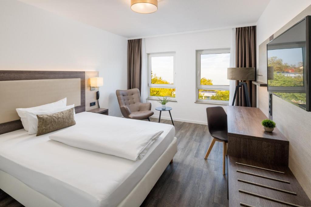 莱茵河畔路德维希港Hotel Newton Ludwigshafen的配有一张床和一张书桌的酒店客房