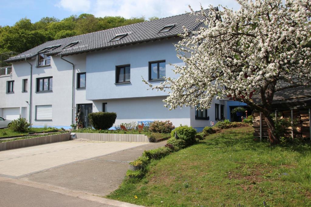 NonnweilerFerienwohnung Hochwald的前面有一棵开花的树的白色房子