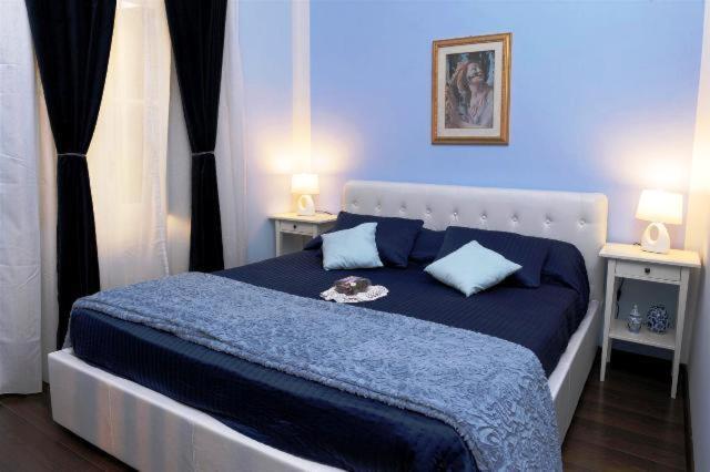 罗马亚历山大B&B酒店的蓝色卧室配有一张带蓝色床单的大床