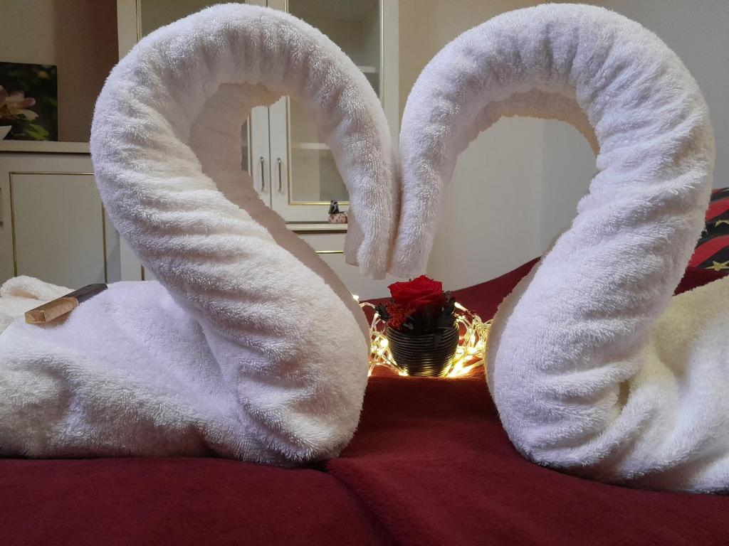 福纽德Béke Stúdió Apartman的两条像心一样的毛巾,坐在床上