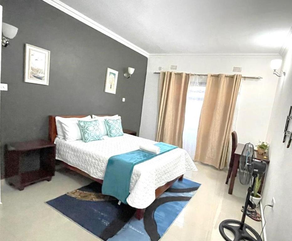 卢萨卡Busisiwe's RM Home的一间卧室设有床、窗户和摄像头