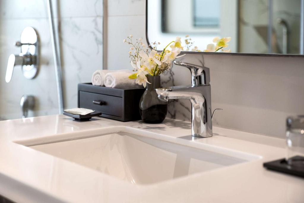 新德里新德里帕池豪尔丽笙酒店的浴室水槽,配有镜子和花瓶