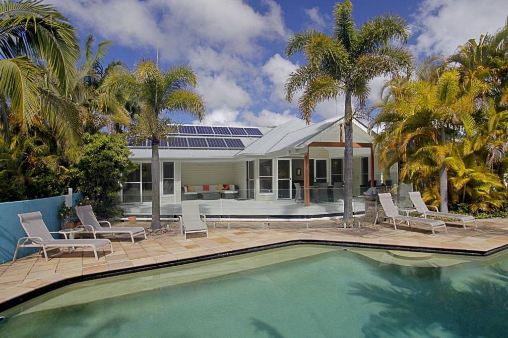 EwingsdaleA Perfect Stay - Abode at Byron的一座带游泳池和棕榈树的房子