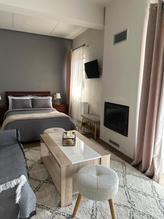 埃拉蒂特里卡隆Lagos Apartment的一间卧室配有一张床、一张沙发和一张桌子