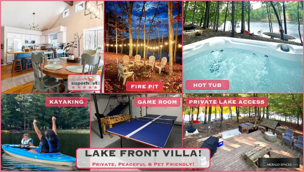 东斯特劳兹堡Dog Friendly, Lakefront, Hot Tub, Newly Renovated!的一张带游泳池的房子的照片拼贴