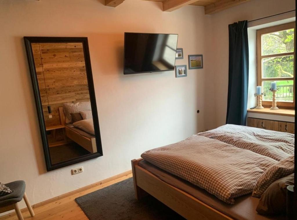 DietramszellMoarhof Ferienwohnung1的一间卧室配有一张床、镜子和椅子