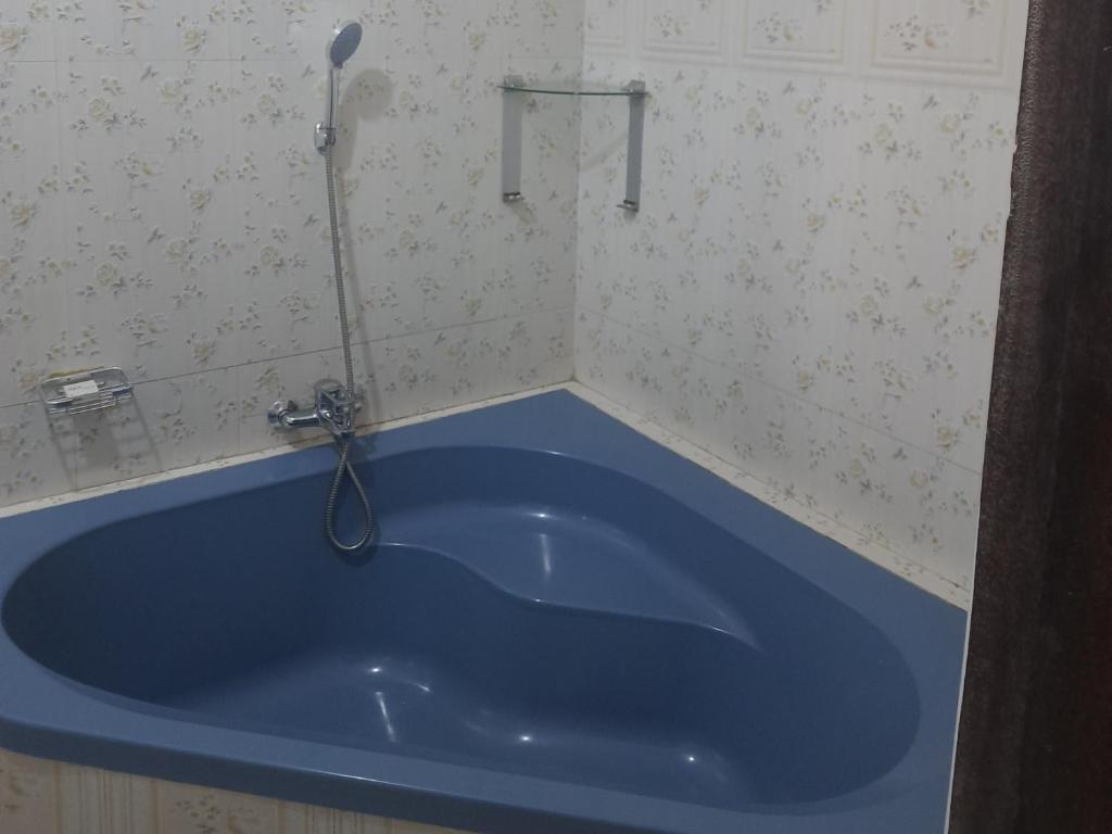 利隆圭Amethyst bed and breakfast的带淋浴的浴室内的蓝色浴缸