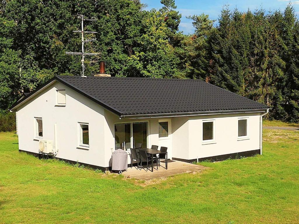 莱斯Holiday home Læsø的一间黑色屋顶的白色小房子