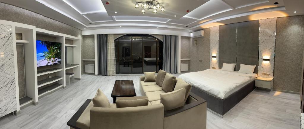 杜尚别Hotel Panorama的一间卧室配有一张床、一张沙发和一台电视。