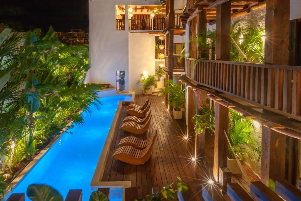 奥尔沃克斯岛Aparthotel Onda Maya - Adults Only的享有酒店游泳池的顶部景色,游泳池配有椅子和植物
