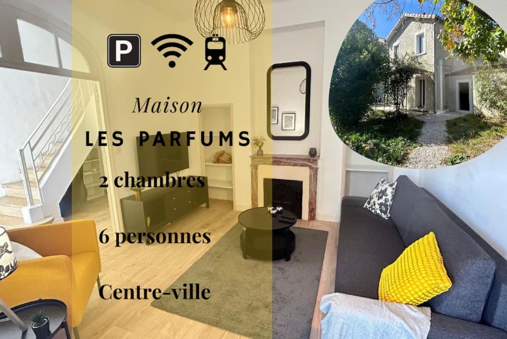 蒙彼利埃Maison, 2chambres, jardin, parking, central,6pers的带沙发和壁炉的客厅