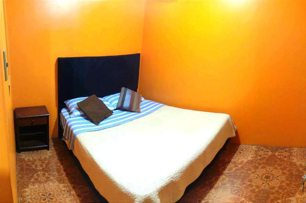 阿里卡Hostal Arica 2的一间卧室配有一张带橙色墙壁的大床