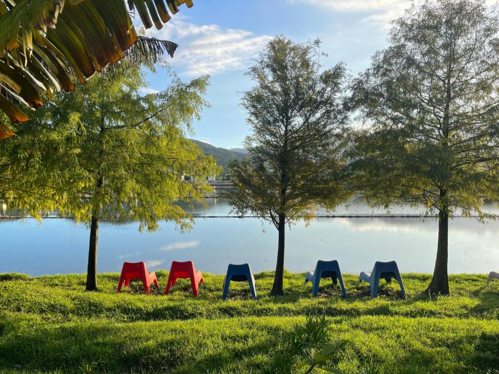 苏澳好伫的湖边草上一排五颜六色的椅子