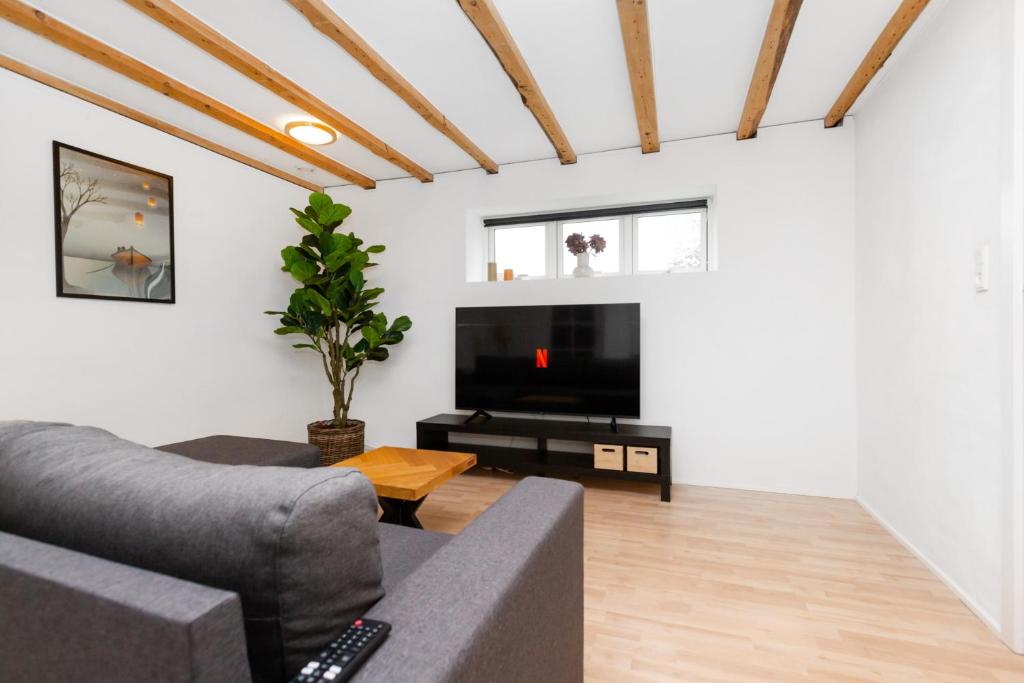 HøjbjergModerne & Fuldt udstyret lejlighed m.plads til 4的带沙发和电视的客厅