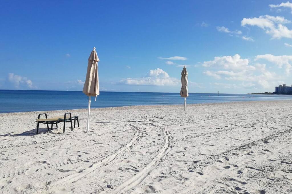 迈阿密KEY BISCAYNE BEACH VACATION #3的海滩上的两把遮阳伞和一张长凳