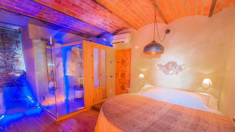 San Jacopo al GironeCastello di Montalbano的一间设有床铺的卧室,位于蓝色灯光的房间