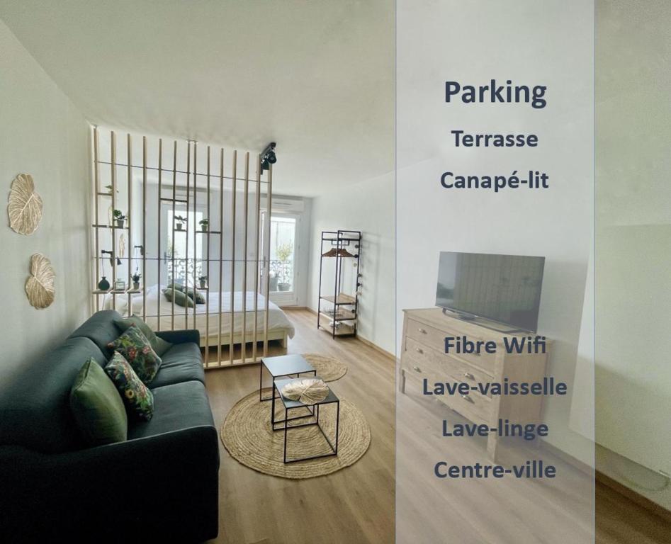 沙特尔ALP Chartres - Grand studio avec terrasse et parking的带沙发和电视的客厅