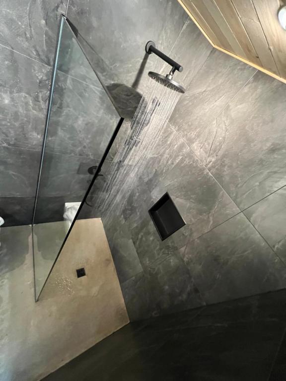 萨格奈Magical Loft : Breathtaking View & Cozy Fireplace的浴室里设有玻璃门淋浴