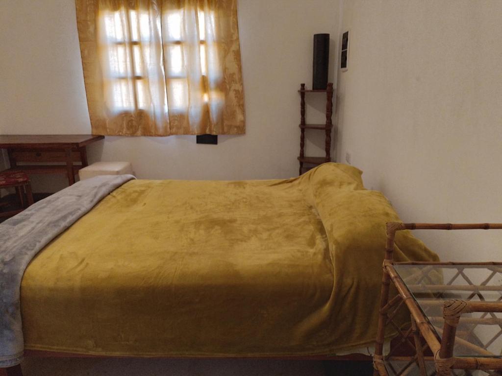 San Pedro de JujuyLa Casona的一张床上的黄色毯子