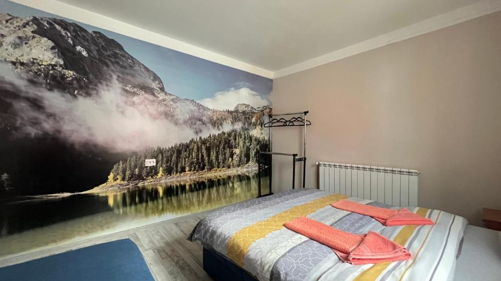 扎布利亚克SNAM Rooms&Apartment的卧室的墙上挂有山壁画