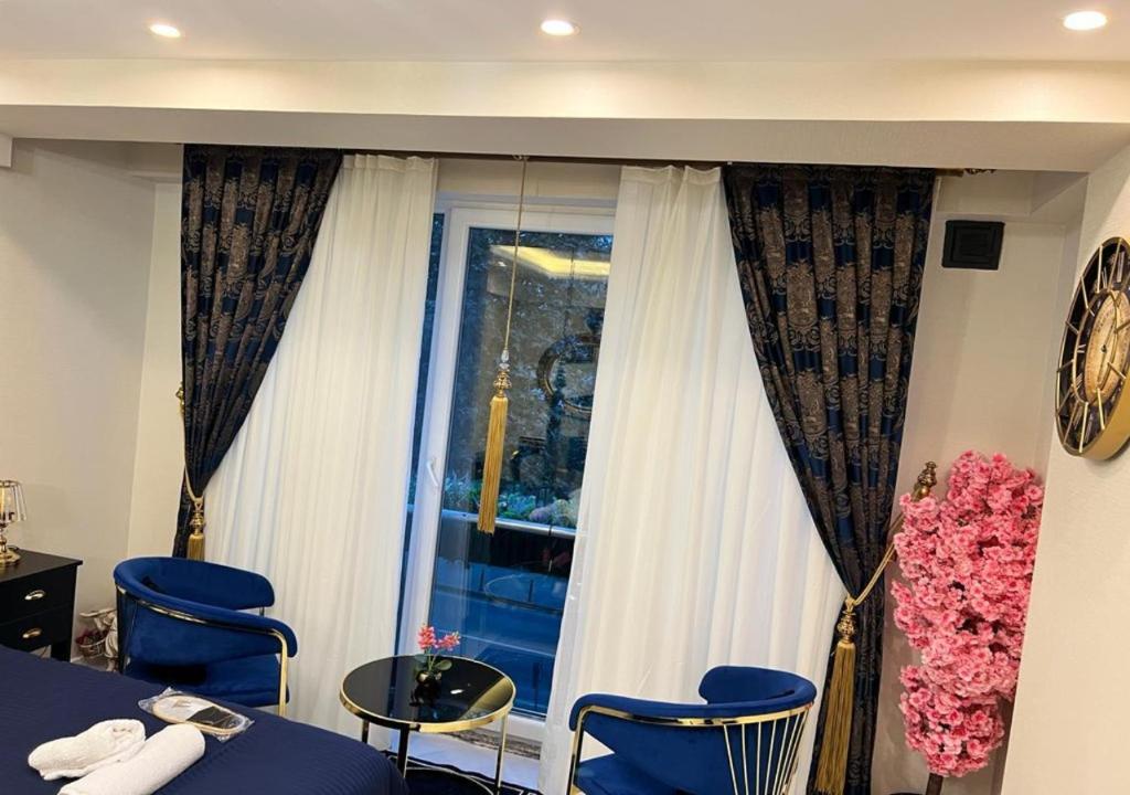伊斯坦布尔Deluxe suite golden horn的客房设有一张床和一个带蓝色椅子的窗户