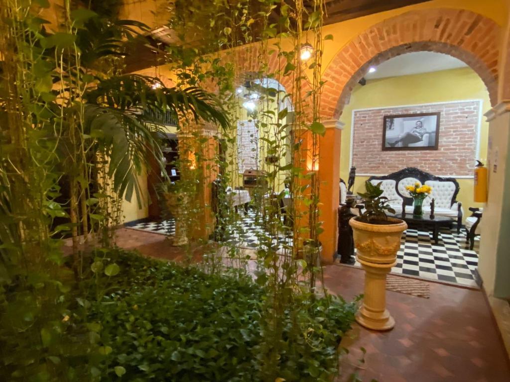 巴兰基亚hotel san nicolas colonial的客厅设有拱门和植物