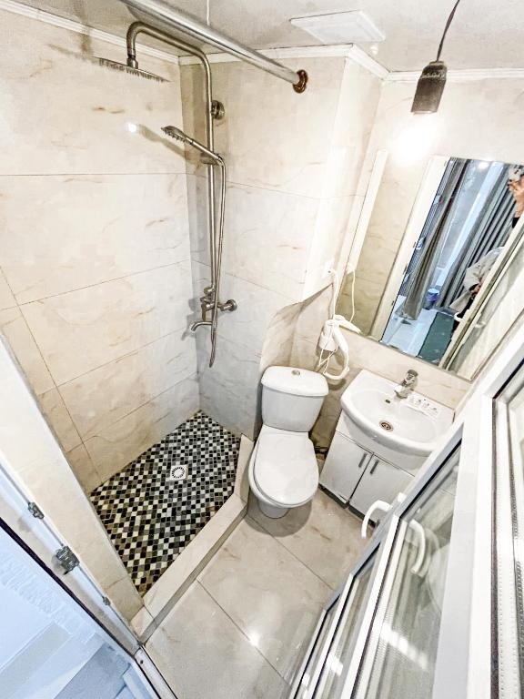 基希讷乌CentralGreen Studio的带淋浴、卫生间和盥洗盆的浴室